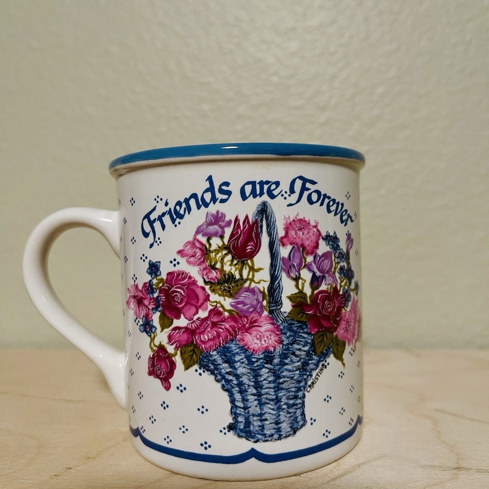 VTG Potpourri Press‎ 1988 Floral Mug Friends Are Forever White Pink Blue Cottage